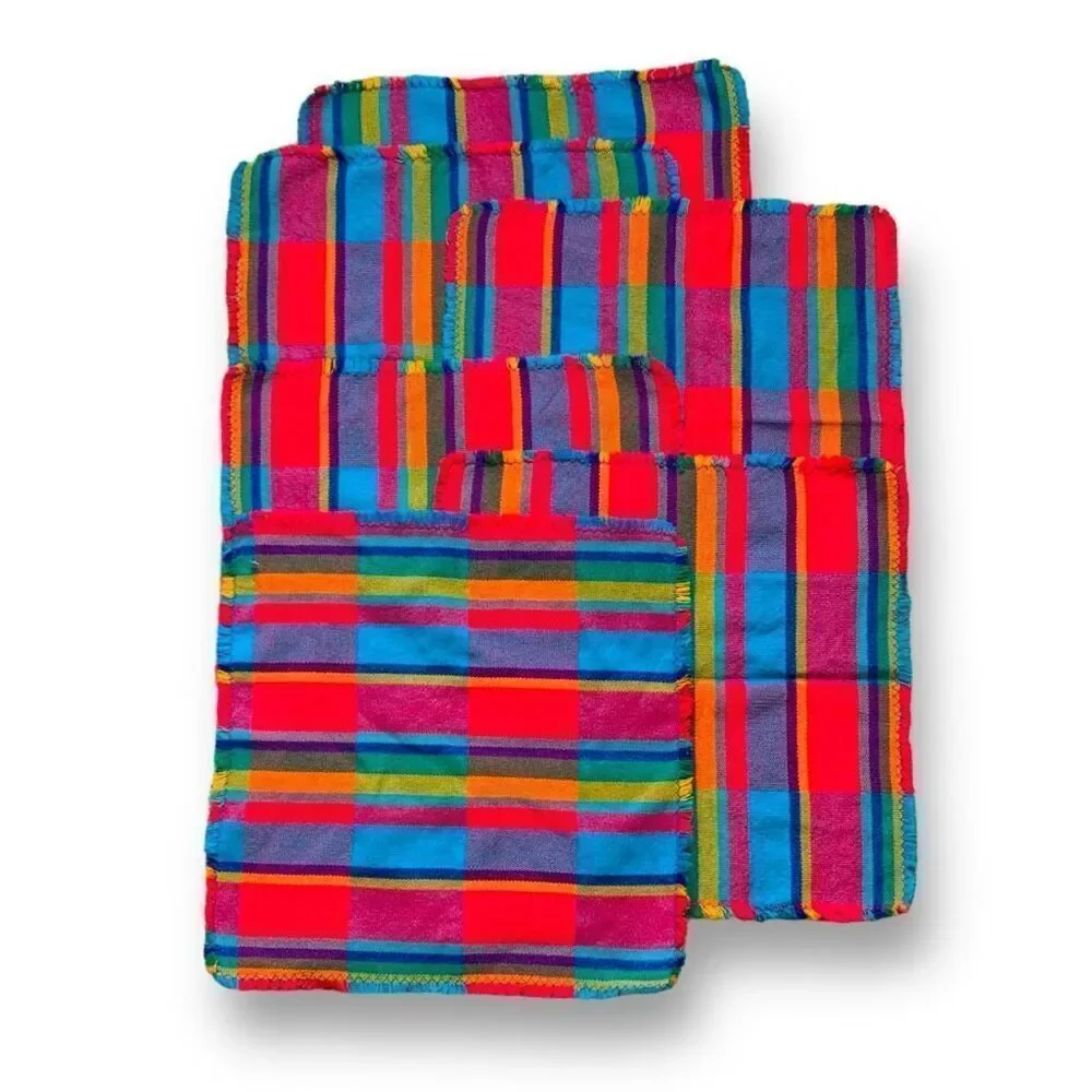 Vintage Placemats Colorful Rainbow Madras Plaid‎ Woven Fringe Border Set Of Six